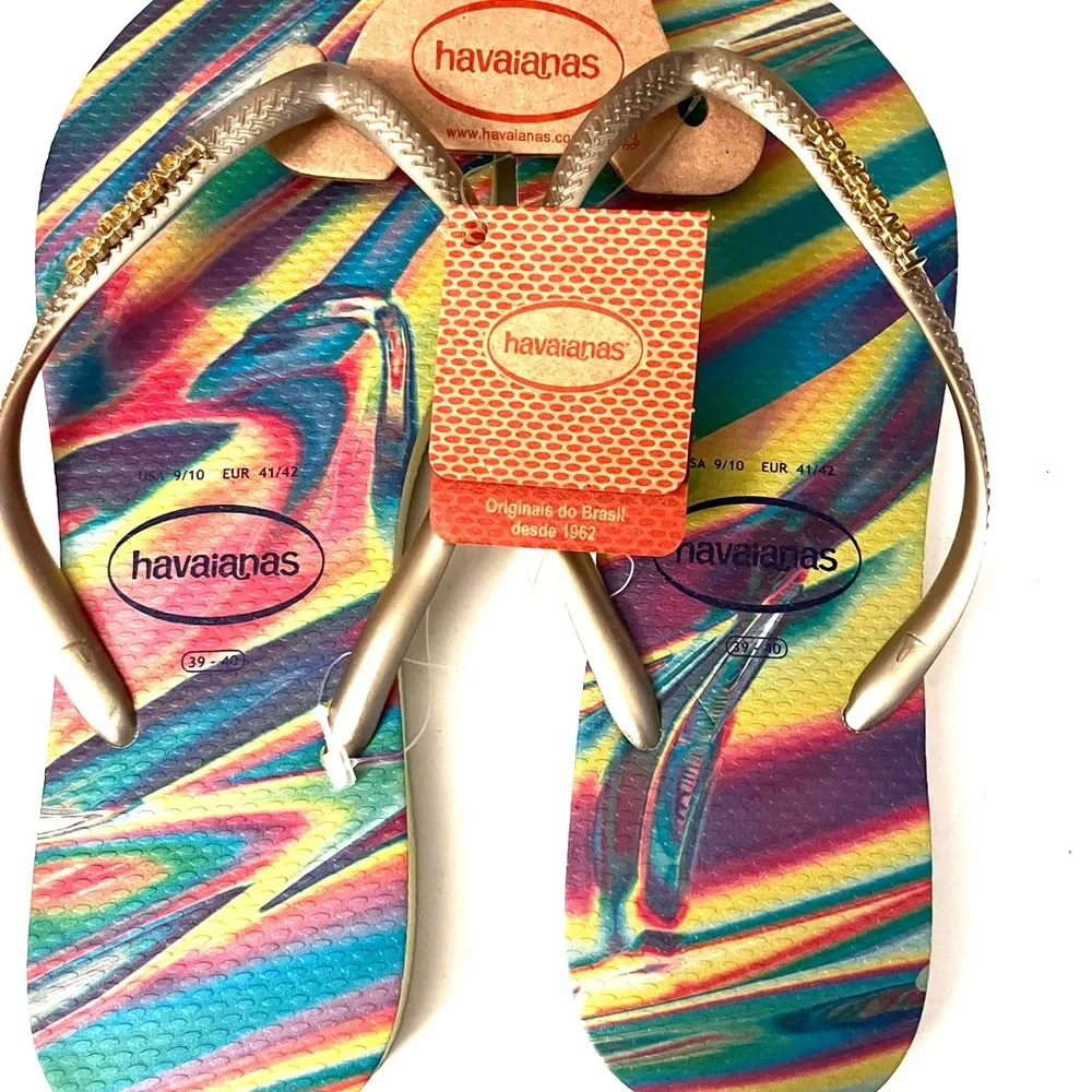 Havaianas Rainbow Swirl Flip Flops with Gold Straps Lime Green 9/10 women - Picture 2 of 8